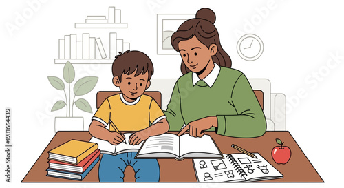 Mother helping son with homework at desk, learning and education concept