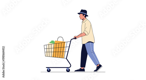 Man wearing a hat and casual clothes is walking while pushing a shopping cart full of grocery bags and fresh products.