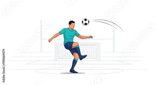 Professional soccer player in a blue uniform performs a powerful kick of a football on a stylized stadium background during a match.