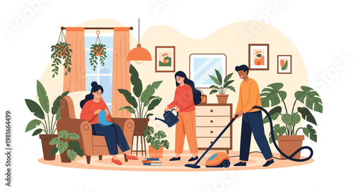 Happy family is busy with various household chores including vacuuming, watering plants, and knitting in a cozy living room.