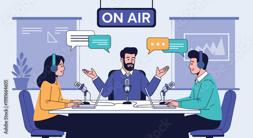 Three people are recording a podcast or radio show in a professional studio under a bright On Air sign with microphones and laptops.