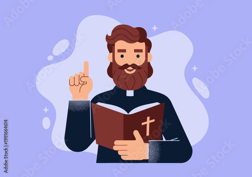 Priest Preaching with Holy Bible, Flat Vector Illustration of a Bearded Pastor Teaching Christian Gospel and Faith