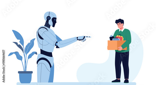 Humanoid robot points a finger at a sad employee who is carrying a cardboard box filled with office supplies after being replaced.