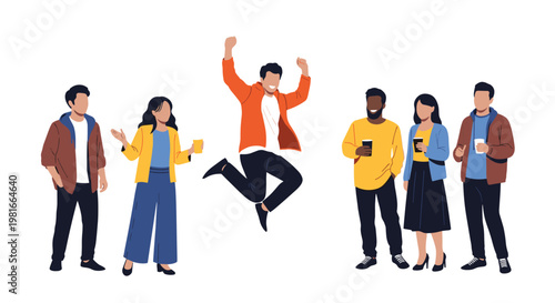 Group of diverse young people are celebrating joyfully with coffee cups and one man jumping high in the air with excitement.
