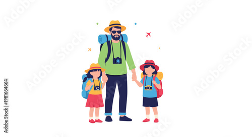 Father and his two daughters stand together wearing hats and carrying large backpacks, ready for a fun hiking and camping adventure.