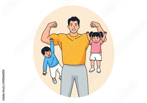Strong Athletic Father Flexing Biceps with Happy Son and Daughter Hanging on His Arms, Strongest Dad Superhero Parenting Concept Illustration