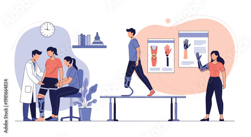 Medical professionals in a rehabilitation center are helping patients learn to use their new prosthetic arm and leg for better mobility.