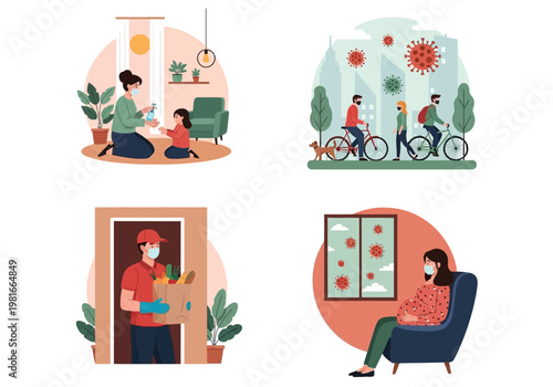Pandemic Lifestyle Illustration Set with Social Distancing, Hand Sanitizing, Grocery Delivery, and Quarantine Measures for Health Safety