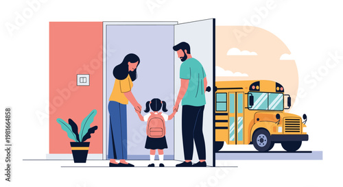 Caring parents stand at the doorway and hold hands with their young daughter as she prepares to board the yellow school bus.