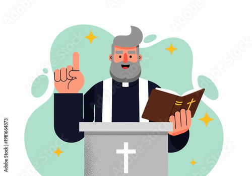 Friendly Catholic Priest Preaching from a Pulpit Holding the Holy Bible; Modern Flat Vector Illustration of a Pastor Delivering a Sermon in Church