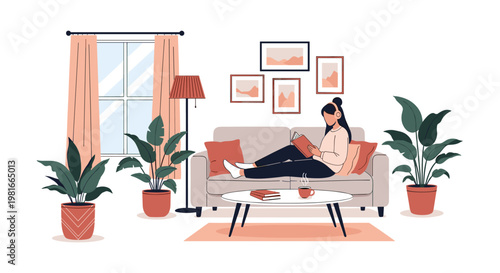Young woman enjoys a relaxing time by reading a book and listening to music on a comfortable sofa in a room filled with houseplants.