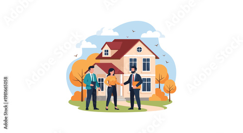 Professional real estate agent shakes hands with a happy client in front of a beautiful suburban house on a pleasant autumn day.