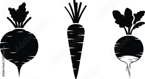 Black silhouette of a beet a carrot and a turnip with green tops beet silhouette carrot silhouette turnip silhouette