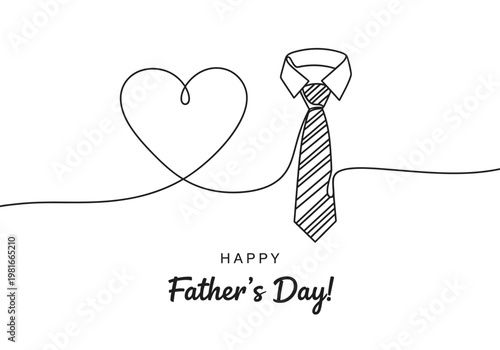 Happy Father's Day Minimalist One Line Drawing with Heart and Necktie Illustration for Greeting Card and Social Media