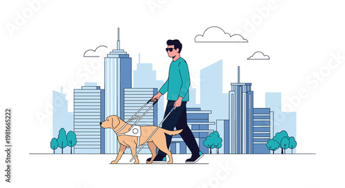 Visually impaired man is walking confidently across a city street with his loyal guide dog in a harness against a skyscraper backdrop.