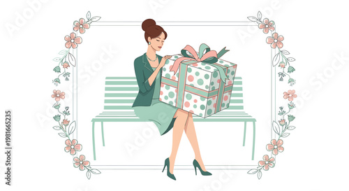 Elegant woman with a beautifully wrapped gift on a bench, framed by a charming floral border, evoking feelings of joy and anticipation for special celebrations and thoughtful surprises