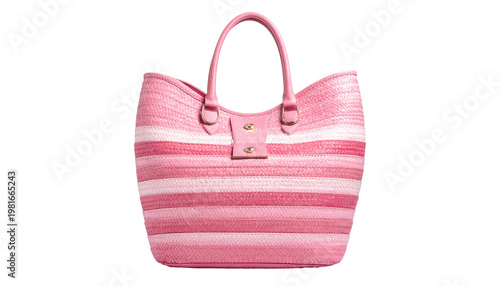 A vibrant, pink, striped tote bag with sturdy handles, a small central button closure, and a black background