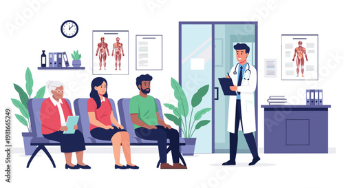 Patients are sitting and waiting in a modern medical clinic while a friendly doctor in a white coat arrives to check his patient list.