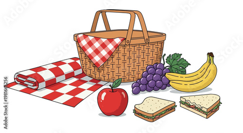 A wicker picnic basket with food and a red and white checkered blanket on a plain background