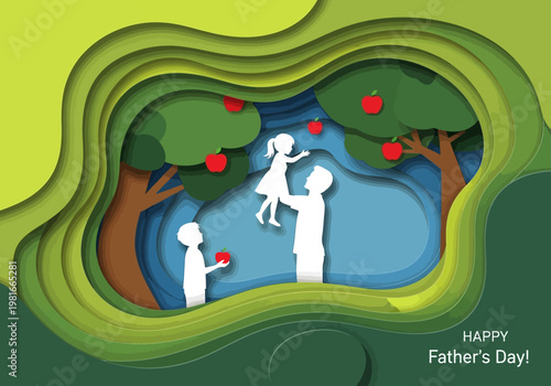 Father's Day Paper Cut Style Illustration with Silhouette of Father and Children Picking Apples in a Green Orchard