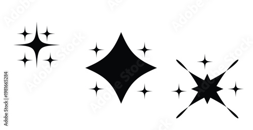 Bold abstract starburst symbol with small sparkles