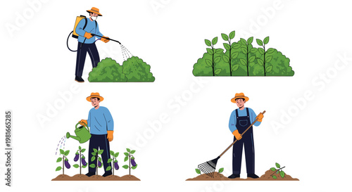 Collection of scenes showing farmers working in fields by watering, raking, and spraying plants to ensure healthy agricultural growth.