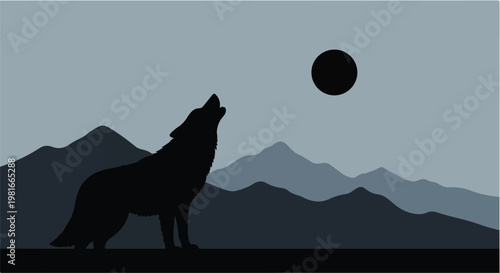 Wolf silhouette howling at a full moon above stylized jagged mountain peaks during a serene night scene captured in a minimalist artistic style with a soft blue monochromatic color palette.