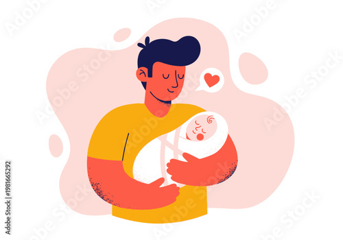 Loving Father Holding Swaddled Newborn Baby Illustration, Concept of Paternity, New Dad Bonding with Infant, Flat Vector Art for Fatherhood and Family Parenting Themes