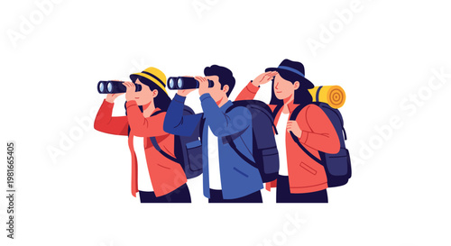 Group of three young hikers equipped with backpacks stand together while using binoculars to scout the trail and landscape during their trek.