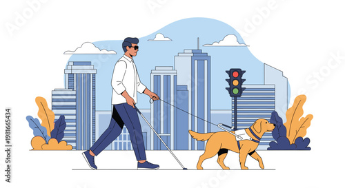 Visually impaired man wearing sunglasses walks confidently across a city street with his guide dog and a white cane near a traffic light.