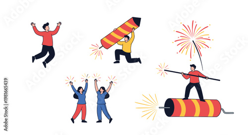 Excited characters celebrate a festive occasion by lighting giant firecrackers and watching colorful exploding fireworks in different poses.