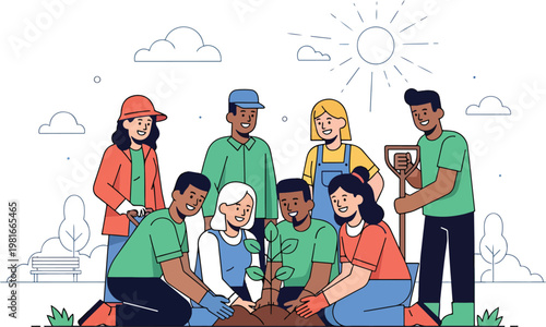 A diverse group of people collaborating to plant a young tree in a park under a sunny sky, illustrating community environmental effort.