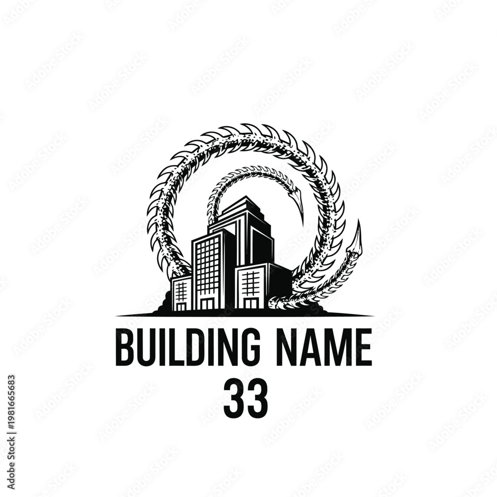 Naklejka premium City Buildings within Circular Bone or Serpentine Structure Logo on Isolated White Background