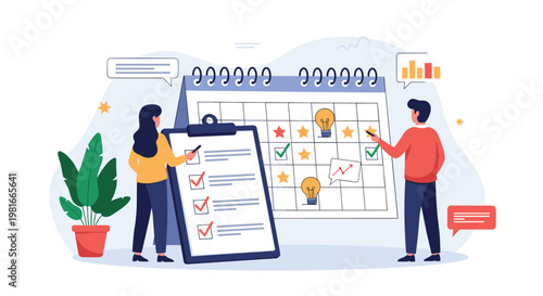 Business team members collaborate to plan tasks and deadlines on a giant wall calendar while checking off completed items on a large clipboard.