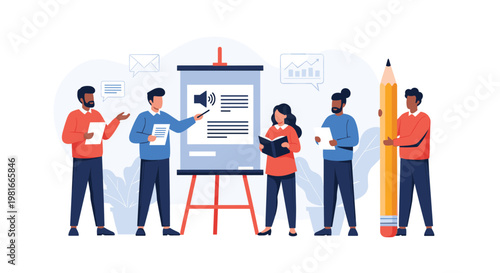 Group of professional coworkers collaborate on a presentation using a flipchart while one team member holds a giant pencil for creative ideas.