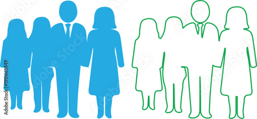 Vector illustration of blue and green human silhouettes standing together