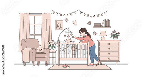 Caring mother leans over a wooden crib to interact with her sleeping baby in a beautifully decorated and cozy pink nursery room at home.