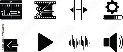 Media editing and audio control icon set minimal black vector illustration