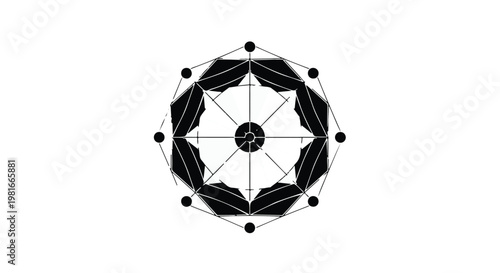 Geometric pattern featuring a complex black and white circular mandala design with radiating symmetrical spokes and interconnected nodes arranged in a precise balanced composition for artistic use.