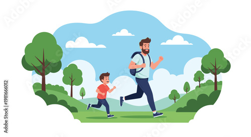 Energetic father and his young son enjoy a healthy run together through a scenic hilly landscape filled with green trees and white clouds.