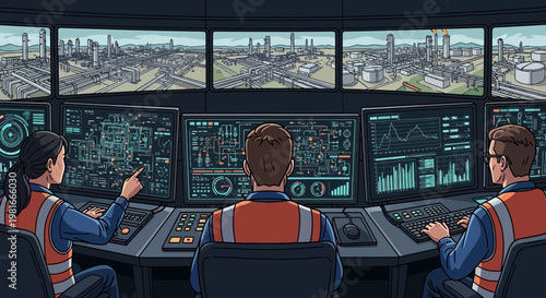 Control Room Operators Monitor Industrial Plant on Multiple Screens