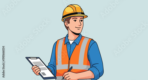 Construction Worker Holding Clipboard and Pen, Wearing Hard Hat and Vest