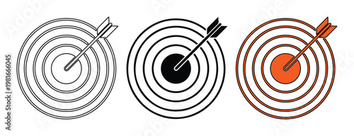 Minimalist target icons with arrow in bullseye, business goal achievement symbols, set of 3 circular dartboard vector illustrations in black and orange