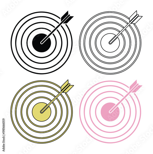 Minimalist target icons with arrow in bullseye, set of 4 circular archery boards in black gold and pink, business goal and success concept vectors