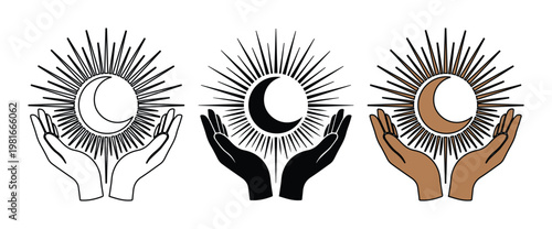 Mystical celestial hands holding crescent moon and sunburst, set of 3 spiritual occult icons, bohemian line art alchemy symbols for branding