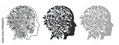 Mental health concept with human head and tree branches, psychology profile with growing leaves, set of 3 vector icons for wellness and mindfulness