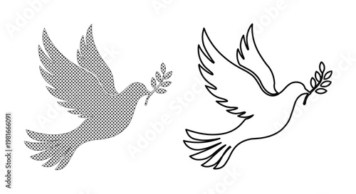 Peace dove vector set with olive branch, flying bird silhouettes in halftone and line art styles, spiritual pigeon icons for hope and harmony