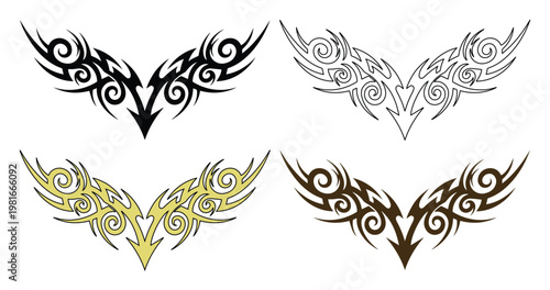 Tribal tattoo vector set with symmetrical wing designs, black and gold sharp flame patterns, decorative gothic body art elements for graphic design