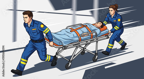 Paramedics rushing patient on stretcher, emergency medical services, fast response, urgent care