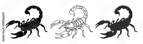 Black scorpion vector set, hand drawn scorpion illustrations in silhouette and line art styles, desert arachnid icons for tattoo design and logos